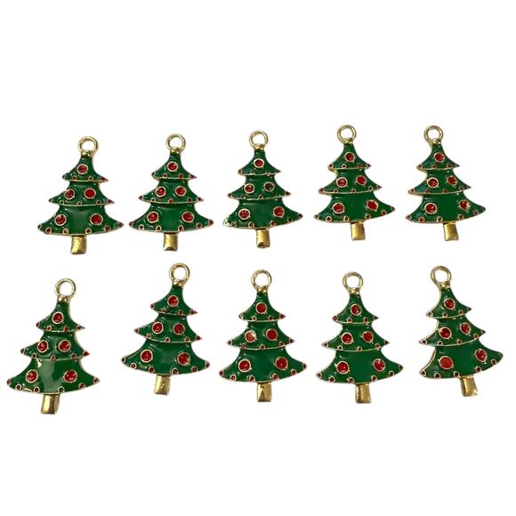 Christmas Tree Red Gold Charms Set Of 10 - Picture 1 of 2